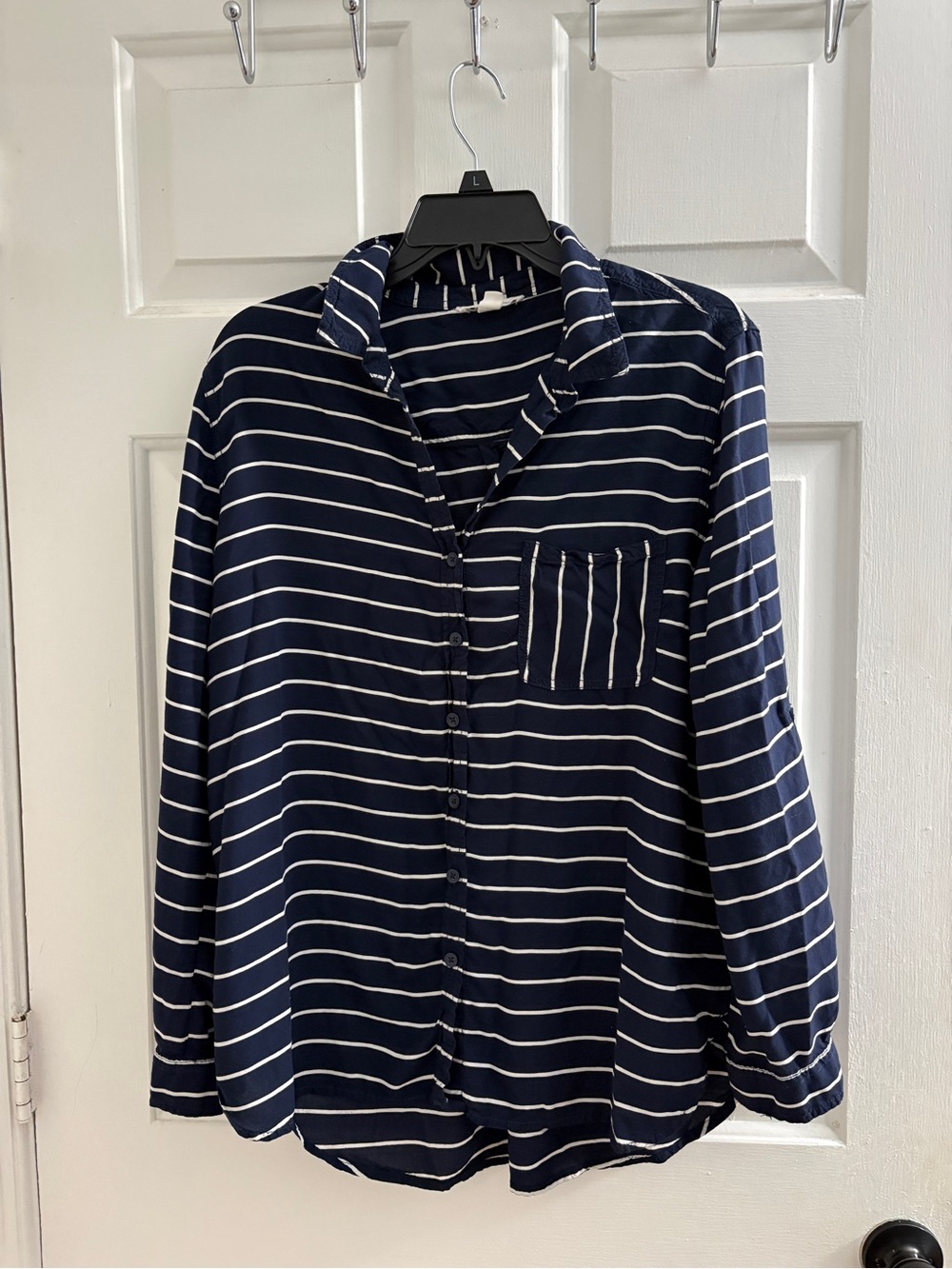 beachlunchlounge Navy and White Striped Men's Button-Down Shirt